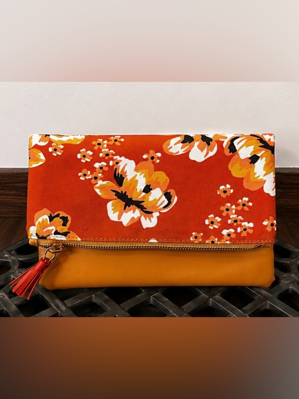 Rachel Pally Orange Floral Fold-Over Clutch with Mustard Base